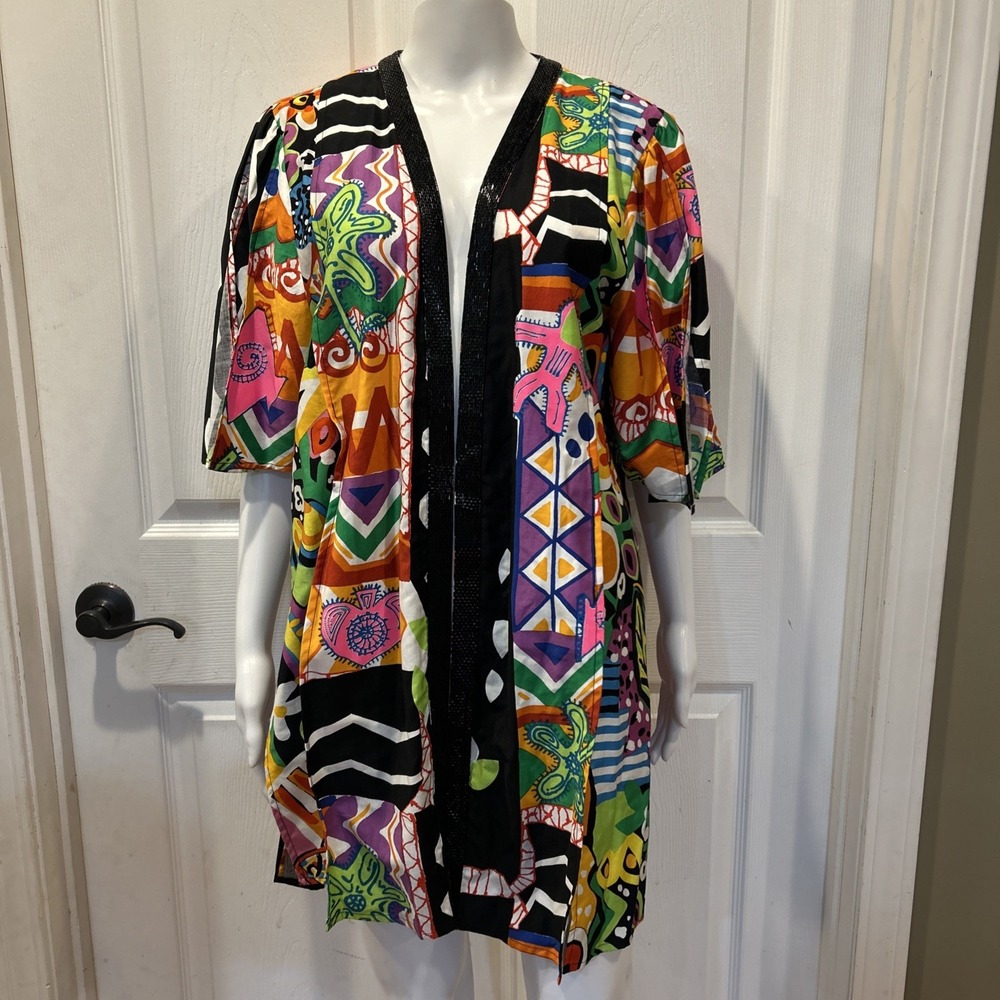 Diane Freis Open Kimono Abstract Wearable Art Festival S/M Bead Trim Vintage